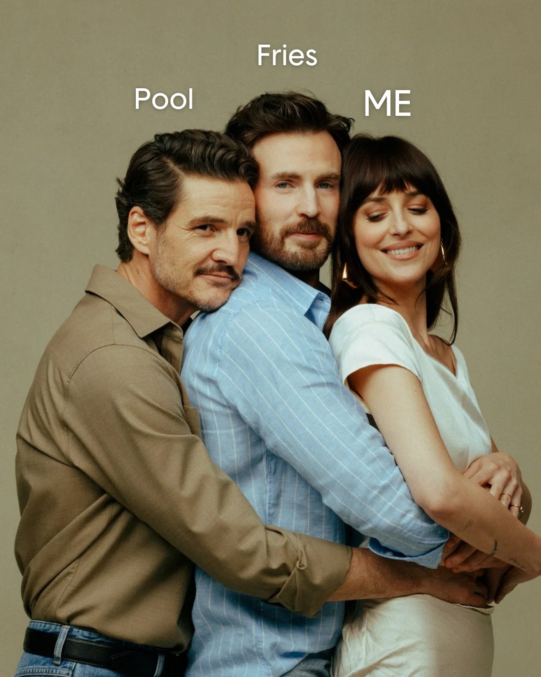ResortPass meme: a hug labelled pool, fries, and me