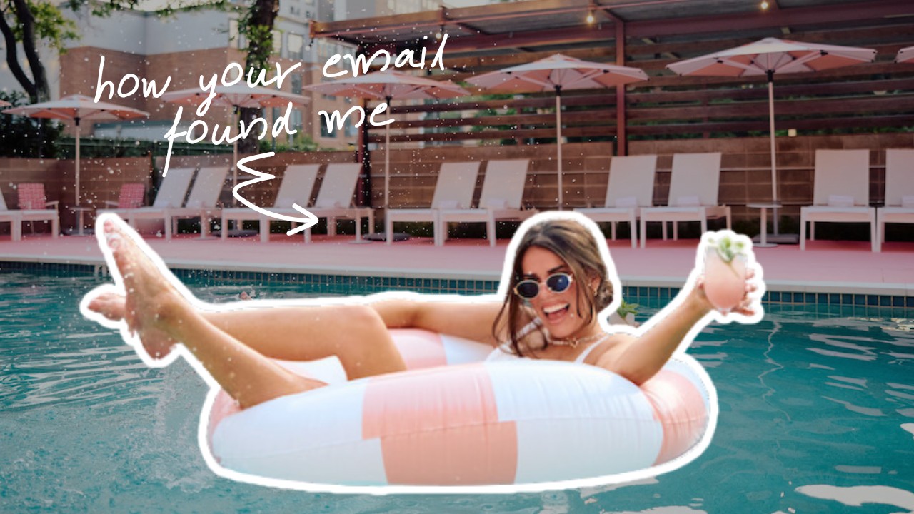 A woman floating on a pool ring, captioned how your email found me