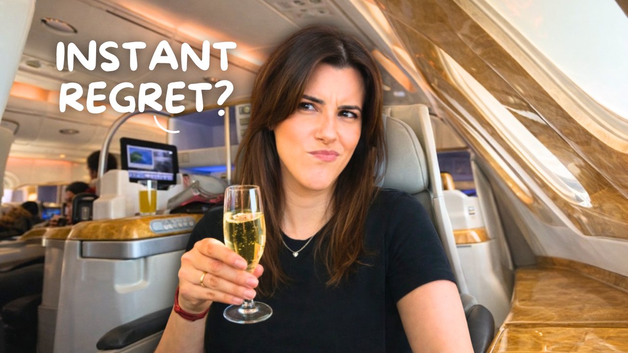 YouTube thumbnail: instant regret, in a first class seat with champagne