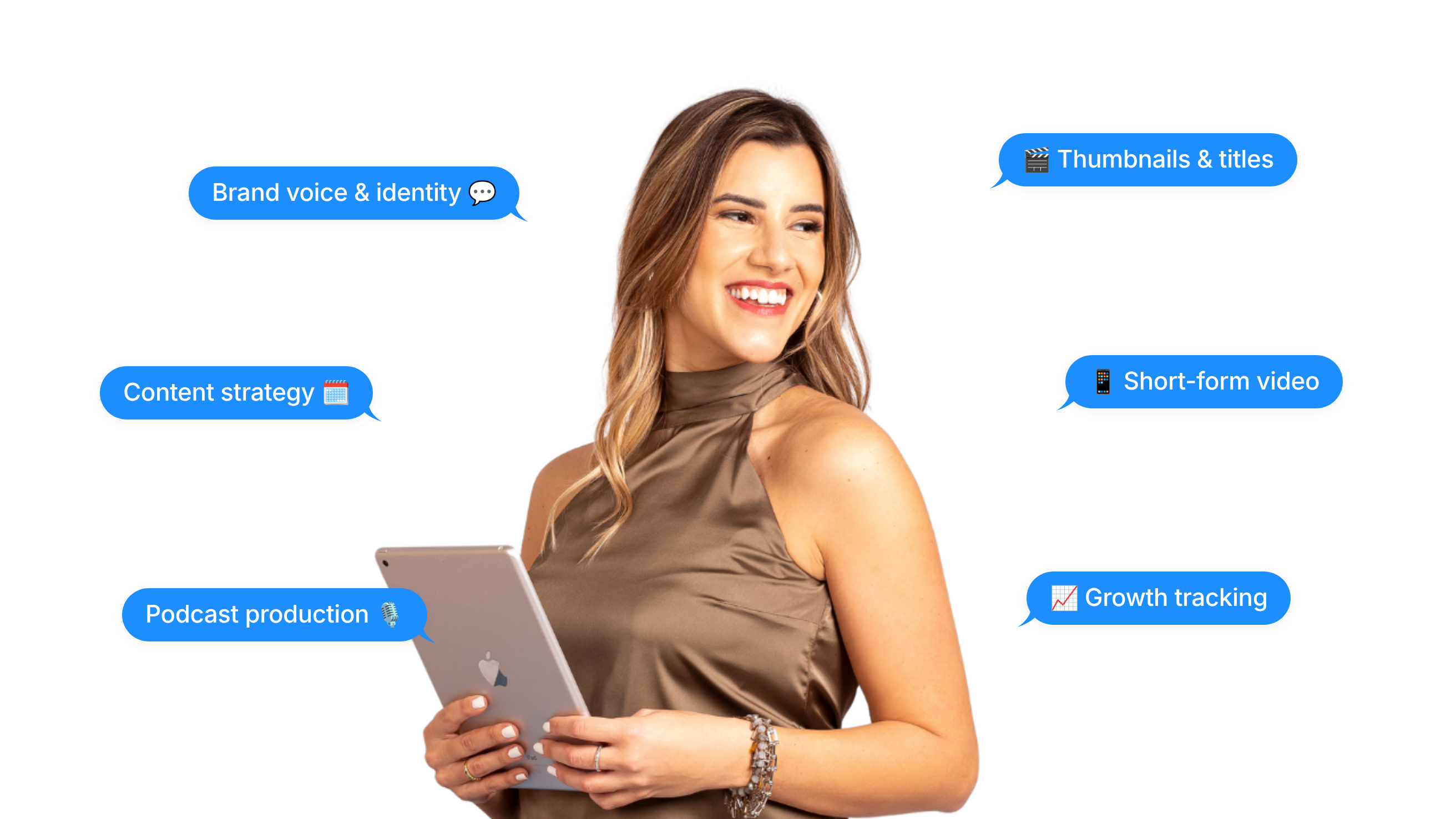 Veronica holding a tablet, surrounded by text bubbles: brand voice and identity, content strategy, podcast production, thumbnails and titles, short-form video, growth tracking