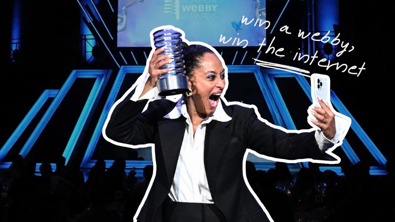 A Webby winner holding her award and taking a selfie, captioned win a Webby, win the internet