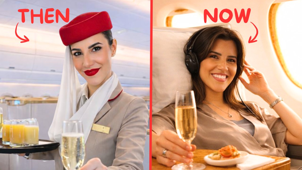 YouTube thumbnail: then as cabin crew, now as a first class passenger